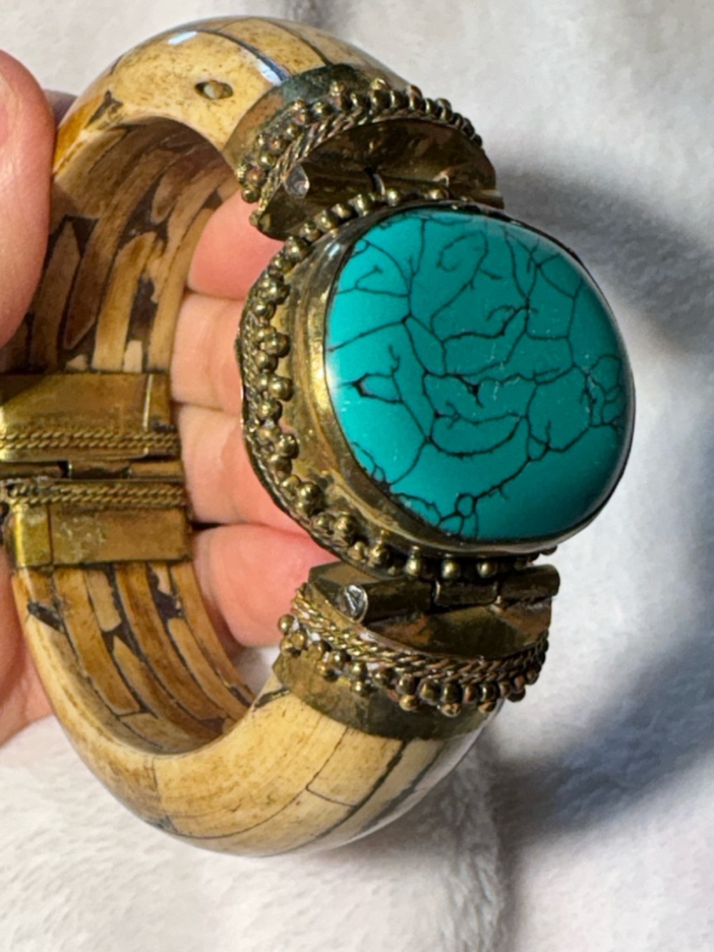 Boho Hinged Bangle Bracelet Bone Brass Turquoise Look Statement Tribal